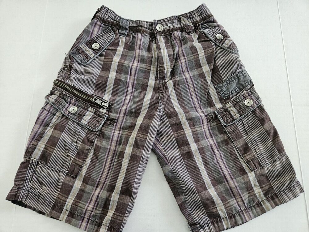 Guess Premium Boys Plaid Cargo Shorts Size 7 Adjustable Waist 100% Cotton